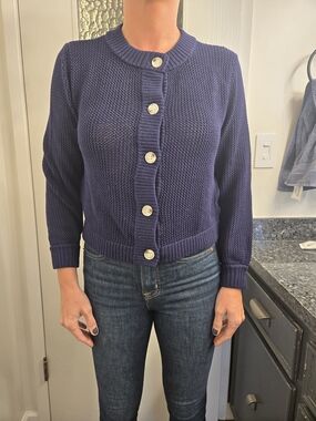 Current Air Los Angeles Women's Navy Blue Ribbed Pointelle Cardigan